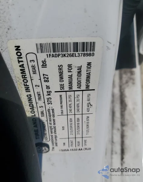 2014 Ford Focus Se z USA, uszkodzony, nr VIN 1FADP3F2XEL111111